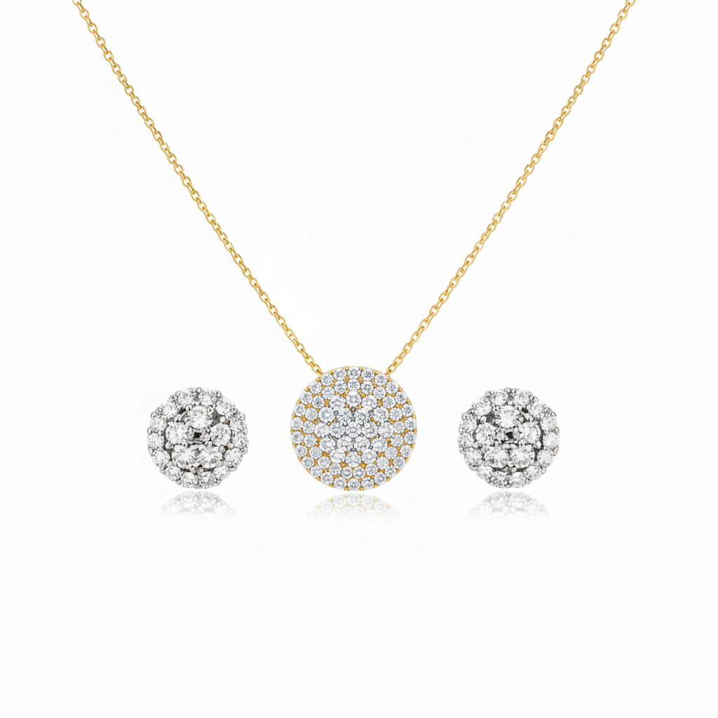 Conjunto Redondo Cravejado completo - gargantilha, pingente sólido e brincos banhados a ouro 18k